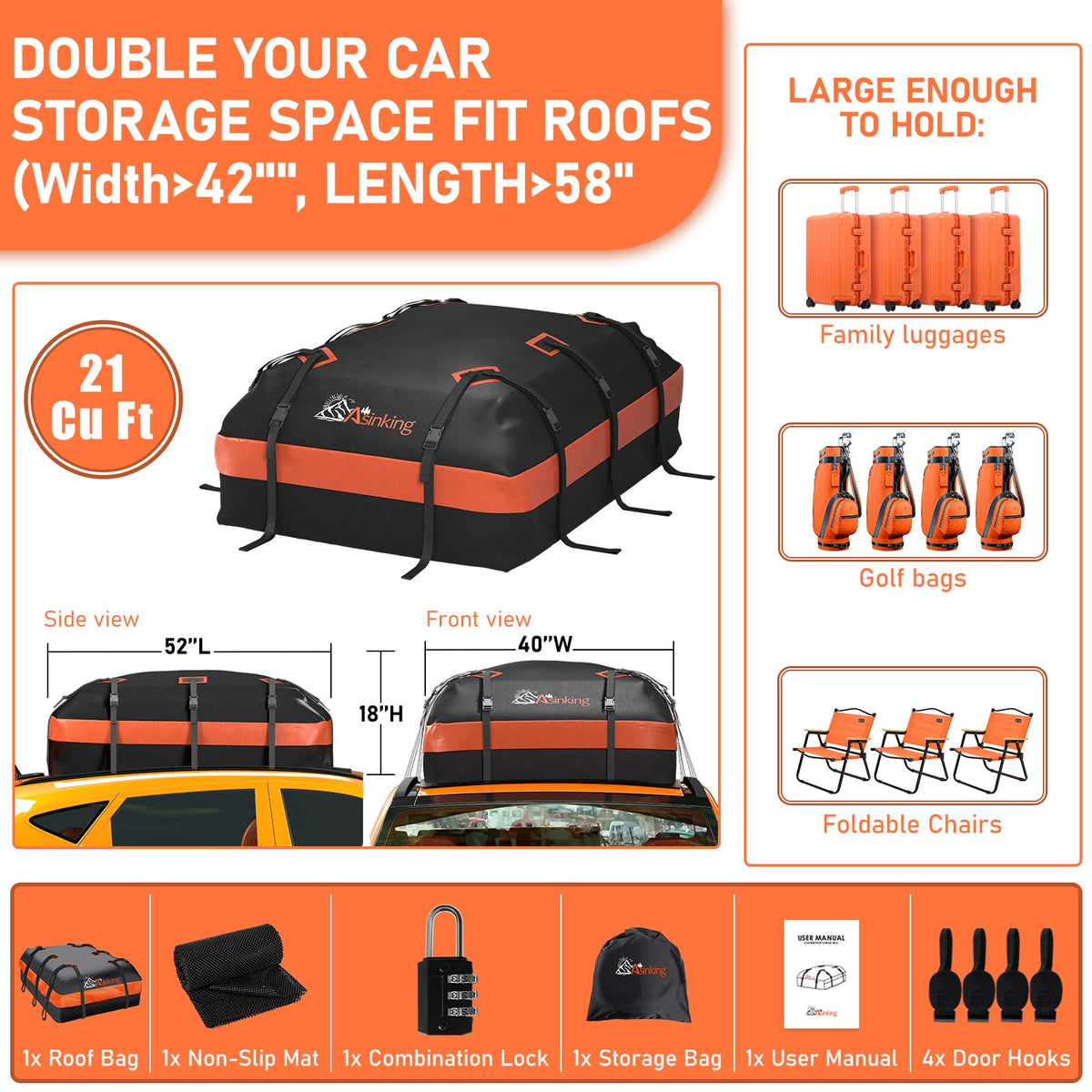 Asinking Car Rooftop Cargo Carrier Bag 21 Cubic feet Waterproof Car Roof Top Bag for All Cars with/Without Rack, Includes Anti-Slip Mat, 10 Reinforced Straps, 6 Door Hooks, Luggage Lock