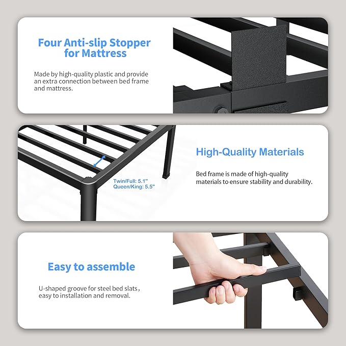 ROIL 18 Inch California King Bed Frame with Rounded Corner and Headboard Hole Mattress Retainers 3500LBS Metal Heavy Duty Steel Slats No Box Spring Needed Platform Noise-Free Easy Assembly