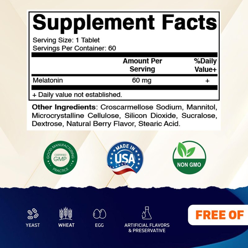 Vitamatic Melatonin 60 mg Fast Dissolve Tablets - 60 Vegan Natural Berry Flavor Tablets - Non-Habit Forming - Non-GMO, Gluten Free (1 Bottle)