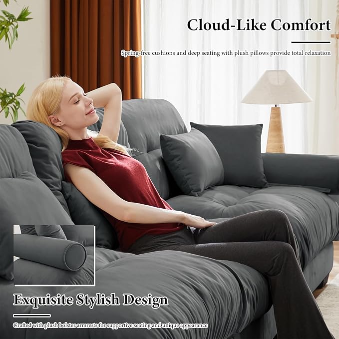 93.7” Oversized Grey Velvet Loveseat Sofa, Deep Seat 2-Seater Modular Sectional Couches for Living Room with 4 Pillows, Cloud Home Sofas Set, Love Seat Couches