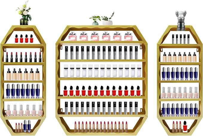 Metal Nail Polish Storage Rack, Wall Mounted Cosmetic Display Case, Lipstick Shelf, Essential Oil Organizer for Bottles, Spa Nail Salon (Gold)
