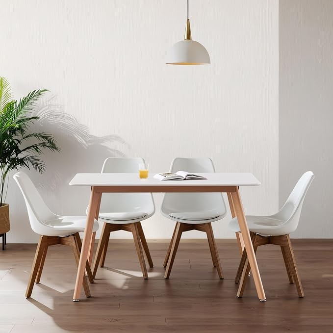 47.2" Rectangular Dining Table for 4-6 Person - White Modern Wooden Kitchen Table with Solid Wood Legs, Mid-Century Design for Dining Room, Living Room, and Kitchen