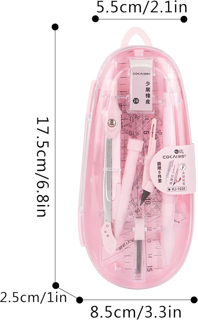 LABANCA 8 Pcs Compass Set with Protractor Rulers Pencil for Math Geometry (08373 Pink)