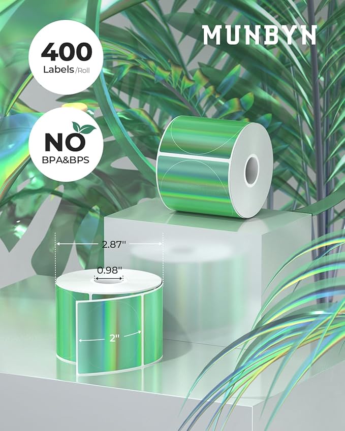 MUNBYN 2" Circle Holographic Thermal Label Stickers Green, Round Printable Rainbow Glitter Thermal Printer Sticker Labels for Gift Wrapping, Self-Adhesive Name Price Tag DIY Custom Logo Design