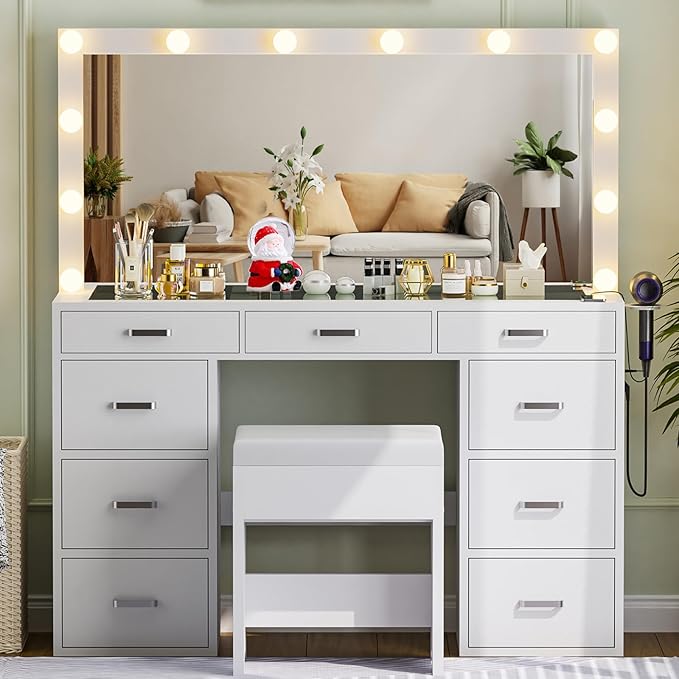 Likein Vanity Desk with Mirror and Lights, 47‘’ Glass Top Vanity with Power Strip, 9 Drawers Makeup Vanity with Lighted Mirror and Chair, 3 Lighting Modes Adjustable Brightness