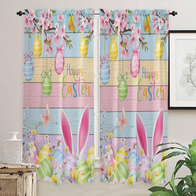 Colorful Easter Living Room Curtains 72 Inches length, Spring Watercolor Bunny