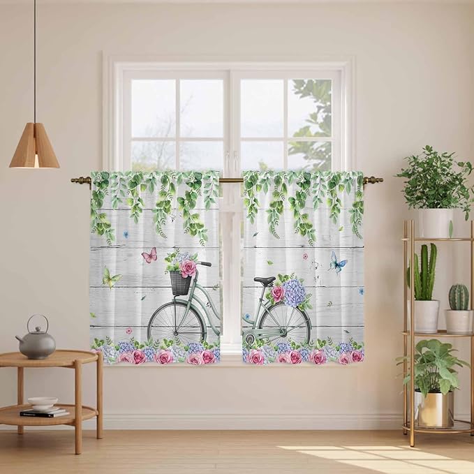 Spring Kitchen Curtains, Bicycles Botanical Rose Leaves Butterfly Wood Grain