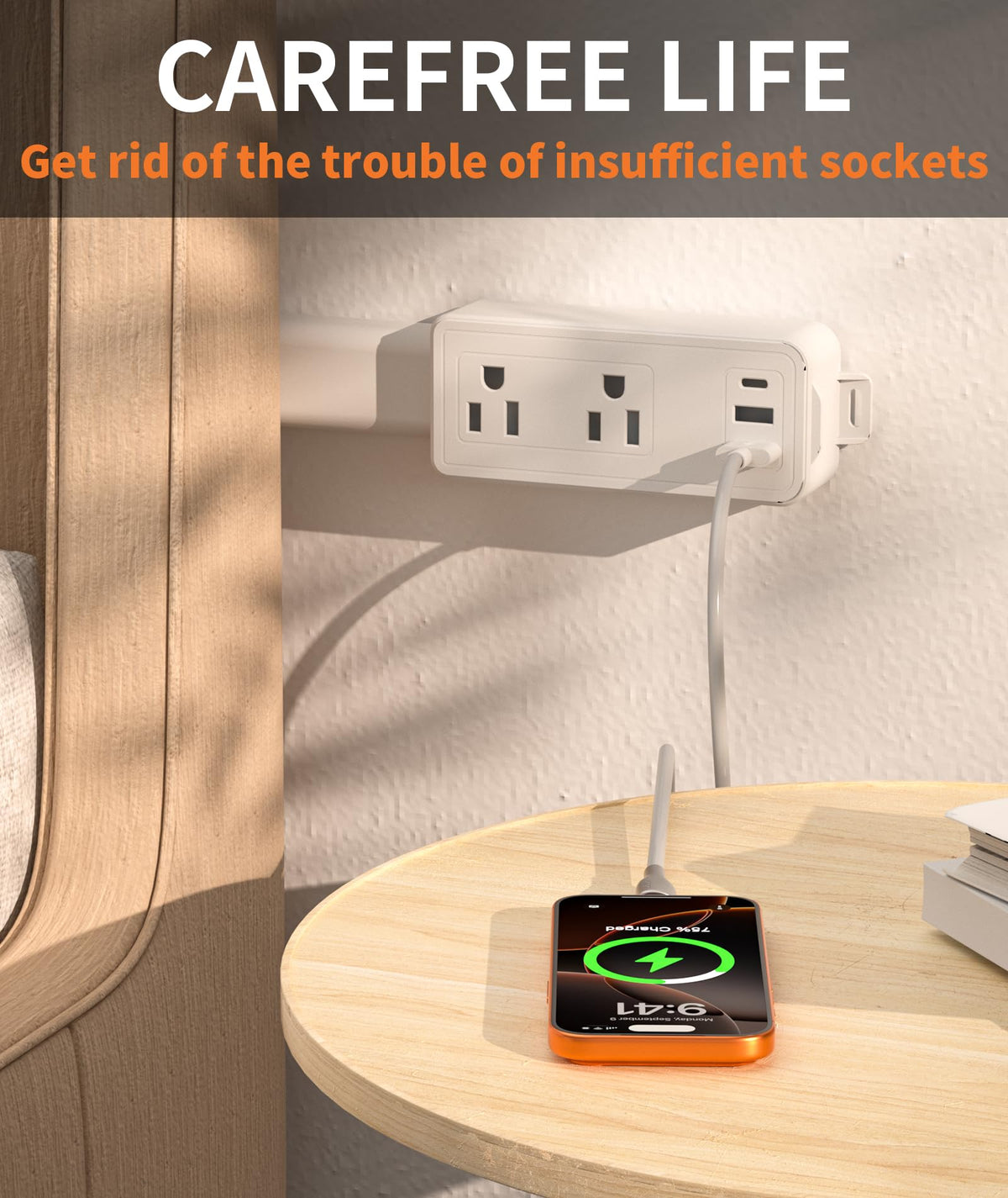 Electrical Outlet Extender Stick Features 2 USB-A, USB-C and 2 AC Outlets, Extendable 6", 15.3", 24.5", 34", for Hard to Reach Spaces Use Behind Couches, Nightstands, E-Sports Desks, and More