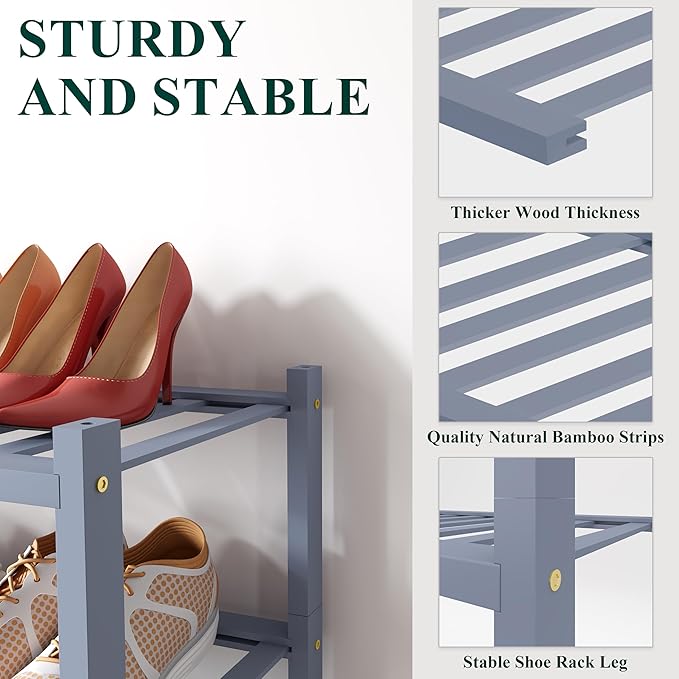 Smiry Shoe Rack, 4 Tier Small Bamboo Shoe Organizer, Stackable Free Standing Wooden Shoe Storage Shelf for Closet, Entryway, Front Door Entrance, Grey