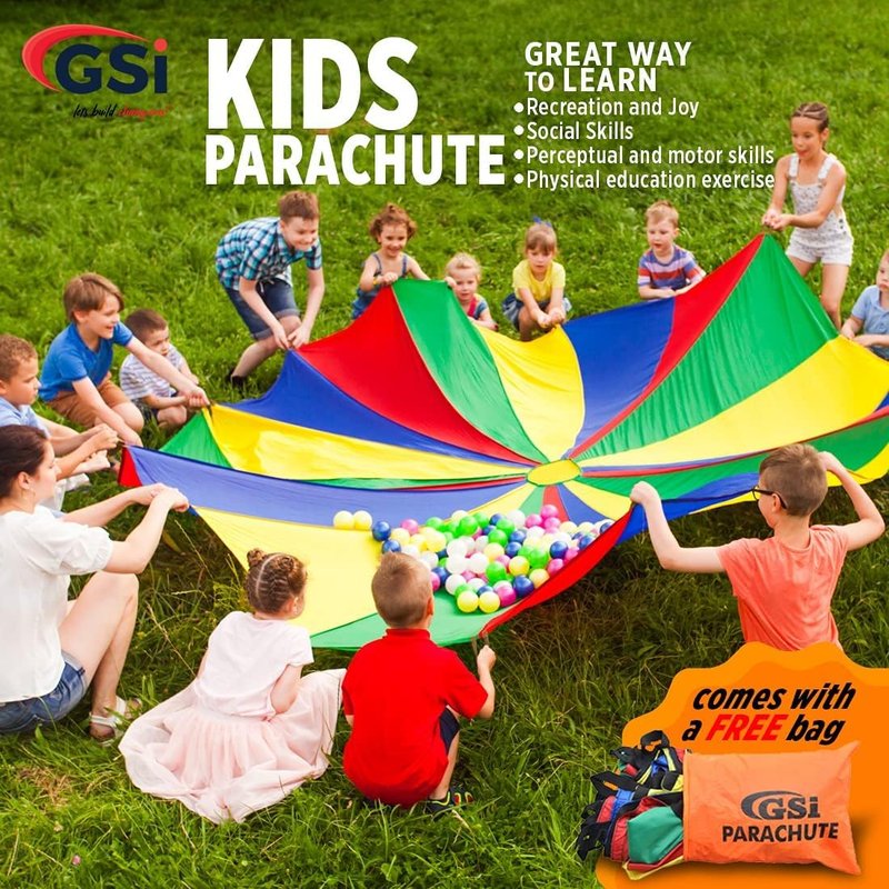GSi Kids Play Parachute Rainbow Parachute Toy Tent Game for Children Gymnastics Cooperative Play and Outdoor Playground Activities