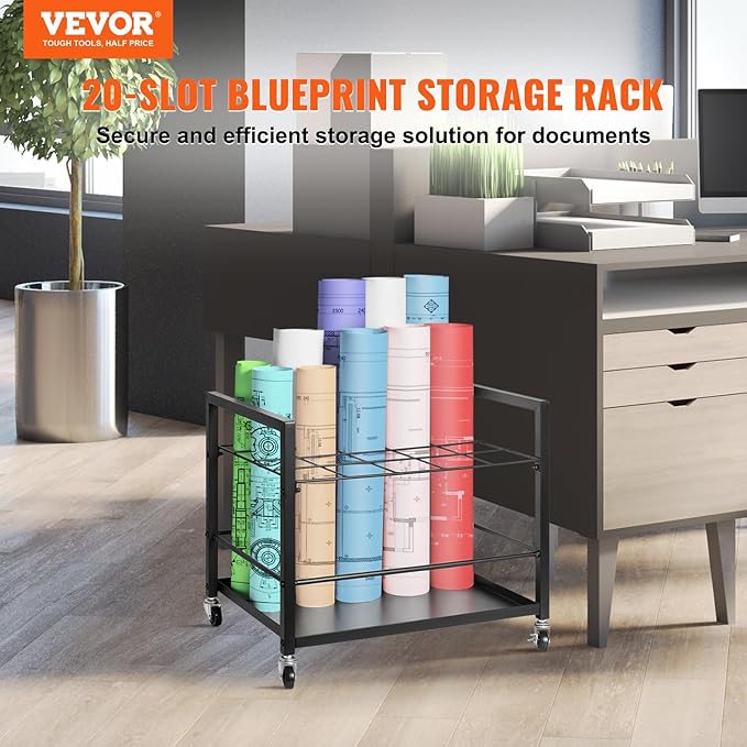 VEVOR Blueprint Storage Rack, 20 Slots Blueprint Holder with Wheels, Mobile Metal Blueprint Storage Cart for Map Poster Architectural Construction Plan, Roll File Organizer for Home, Office, School