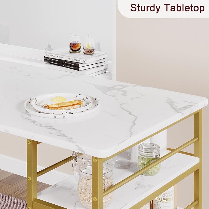 CABIHOME Dining Table Set for 2, Kitchen Table and Velvet Upholstered Chairs for 2, 3 Piece Counter Height Bar Table Set with 3 Large Storage Shelves for Small Space, Apartment, Gray and Gold White