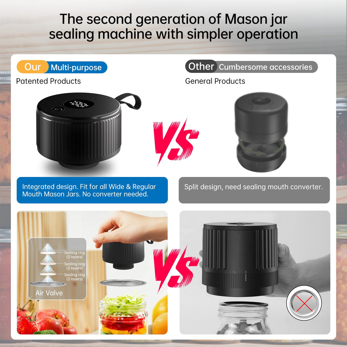 Electric Mason Jar Vacuum Sealer Kit, 3-in-1 Handheld Automatic Vacuum Sealer for Mason Jars, Food Savers & Containers | Ideal for Canning Jams, Pickles, Dry Foods, Grains | Present for Mom, Black