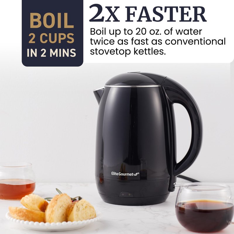 Elite Gourmet EKT1821 1.8L Double Wall Insulated, Cool-Touch 1500W Kettle w/Stainless Steel Interior & Lid, 360° Swivel Base for Cord Free Serving, Power On Lever, Auto Shut-Off, Boil Dry, Black
