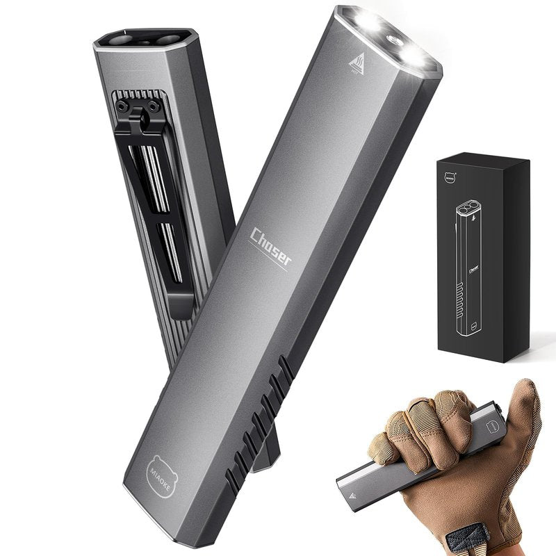 MIAOKE Rechargeable Ultra Thin EDC Flashlight 3000 Lumens UV and White LED Combo Dual Light Sources Compact Pocket Clip Light for Home, Outdoor, Emergency, Night Working, Cycling-Chaser/Gray