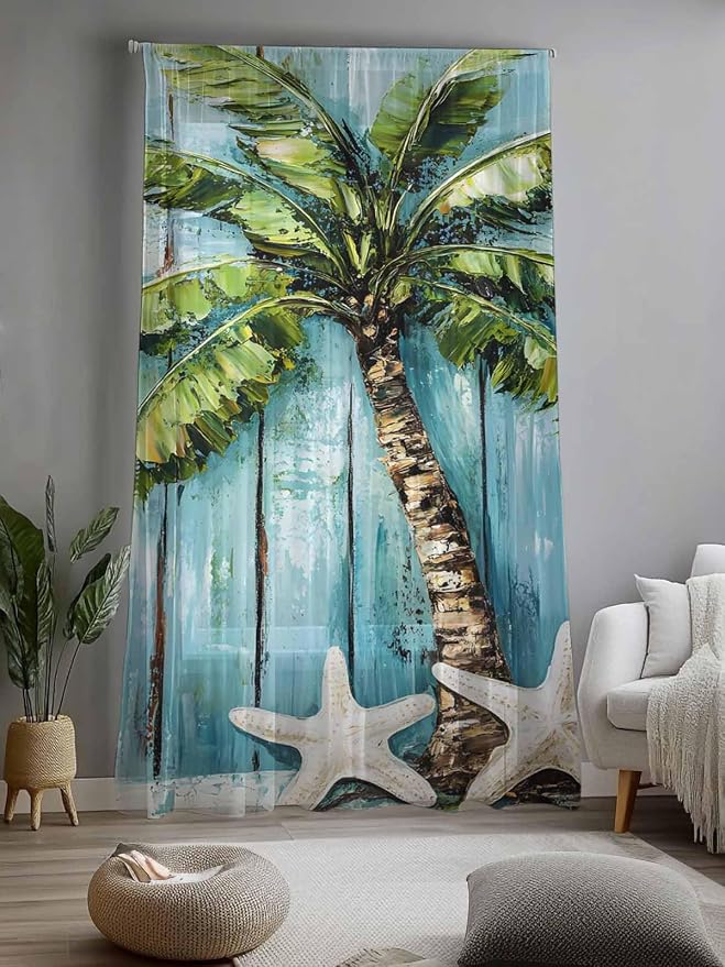 Sheer Curtains 96 Inches Long, Coastal Beach Starfish Semi Sheer Curtains Light