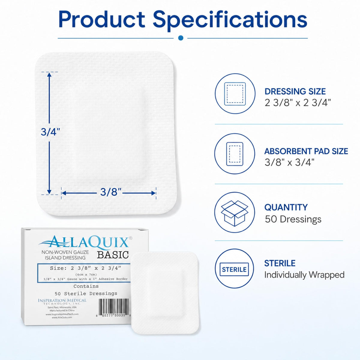 AllaQuix Basic Sterile Gauze Island Dressing 4"x8" Adhesive Border Pads (25 Count) – Non-Stick Wound Dressing for Surgical Aftercare, Incisions, Large Cuts, First Aid, and Light Draining Wounds