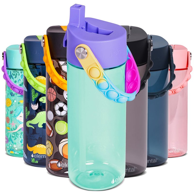 Elemental Water Bottles for Kids - Splash Kids Water Bottle for School with Pop-it Handle - BPA Free Tritan Plastic Water Bottle with Straw Leak Proof when Spout is Closed - Blue Tie Dye- 18oz