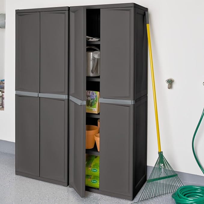 Sterilite 4 Shelf Plastic Storage Unit Bundled with Easy to Assemble Storage Cabinet for Garage, Pantry & Kitchen Organization, 4 Shelves, Gray