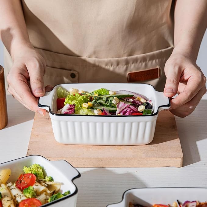DLIM HOME 12 Oz Casserole Dish, Ceramic Baking Dishes Sets of 4, Small Casserole Dish with Handle, Porcelain Bakeware Sets, 5" Rectangular Baking Serving Dish for Casserole, Cakes, Dishwasher Oven Safe