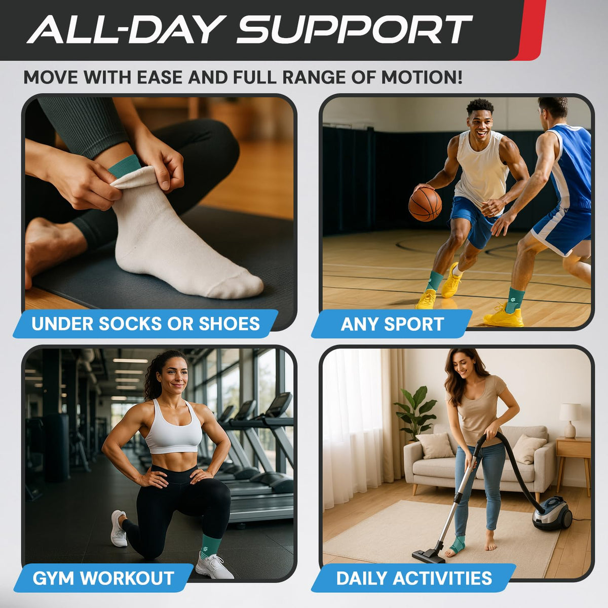 Sleeve Stars Ankle Brace for Women & Men, Ankle Wrap for Sprain, Compression Sleeve for Plantar Fasciitis Relief, Easy Customizable Support: w/ Removable Strap (Single/M:10"-12"/Turquoise)