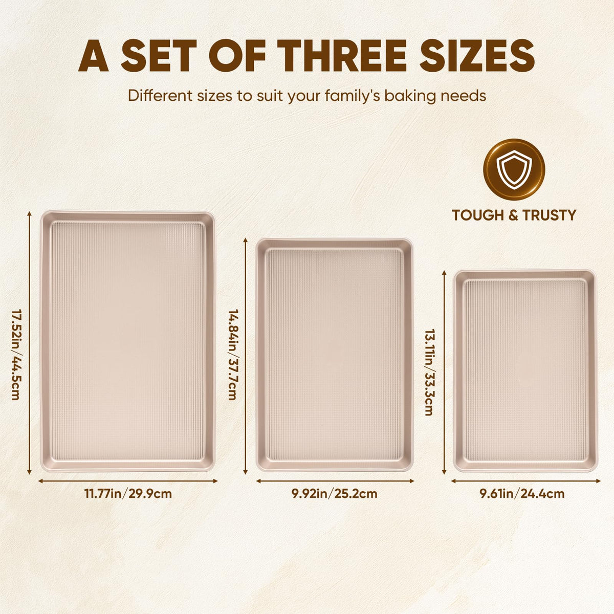 Sakerplus Nonstick Baking Sheet Pan Set of 3, Heavy Duty Cookie Sheets for Oven with Stripe Texture Pattern, 0.6mm Thick Quarter/Half/Jelly Roll Pans, Rust-Resistant & Easy Clean (Champagne Gold)