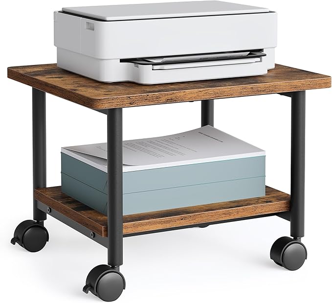 VASAGLE Heavy-Duty Printer Stand with Locking Wheels, 2-Tier Industrial Mobile Cart with Storage Shelf, Under Desk Printer Table for Home, Office, 13.4" Height, Rustic Brown and Black UOPS002B01
