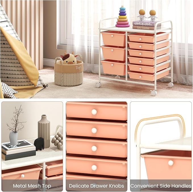 COSTWAY Rolling Storage Cart with 9 Drawer, Mobile Utility Cart with Metal Frame, Art Supply Craft Organizer, Multipurpose Storage Organizer for Paper, Office, School Teacher, Classroom, Peach