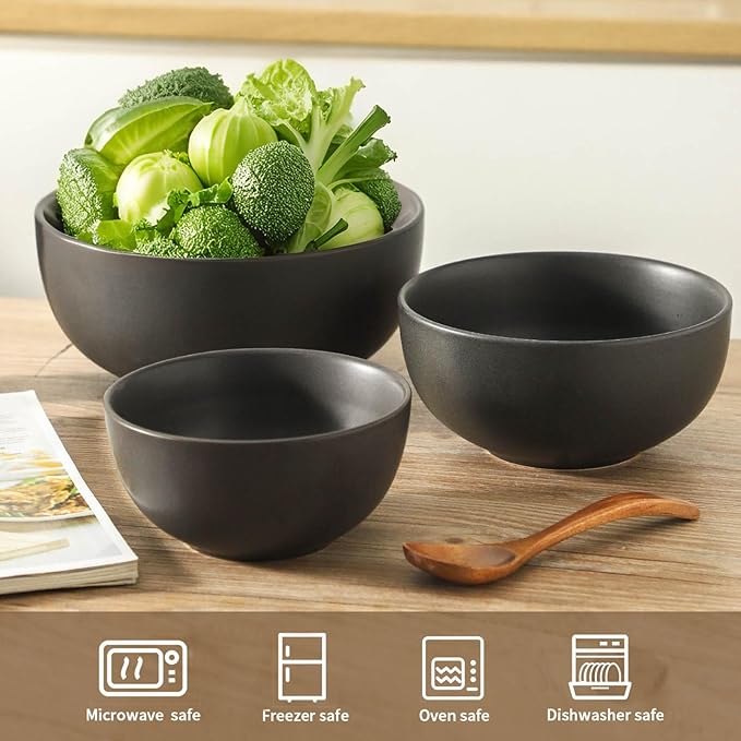 Tikoore Mixing Bowls,Ceramic Bowls for Kitchen,Black Mixing Bowls Set for Baking,Serving,Nesting Bowls for Kitchen Cooking,Salad,Microwave Oven and Dishwasher Safe,24/40/88 oz,Set of 3,Matte Black
