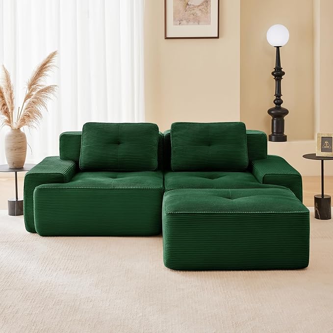 80" Modern Corduroy Boneless Love Seat Couches with 1 Ottoman, 2 Seater Large Sectional Couches for Living Room, Green Cloud Modular Sectional Sofa, Memory Foam, Extra Deep Loveseat, No Assembly