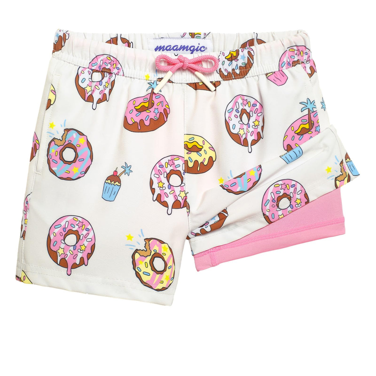 maamgic Boys Swim Trunks with Compression Liner 4-Way Stretch Quick Dry Swim Shorts Swimming Trunks Toddler Donut White 3T