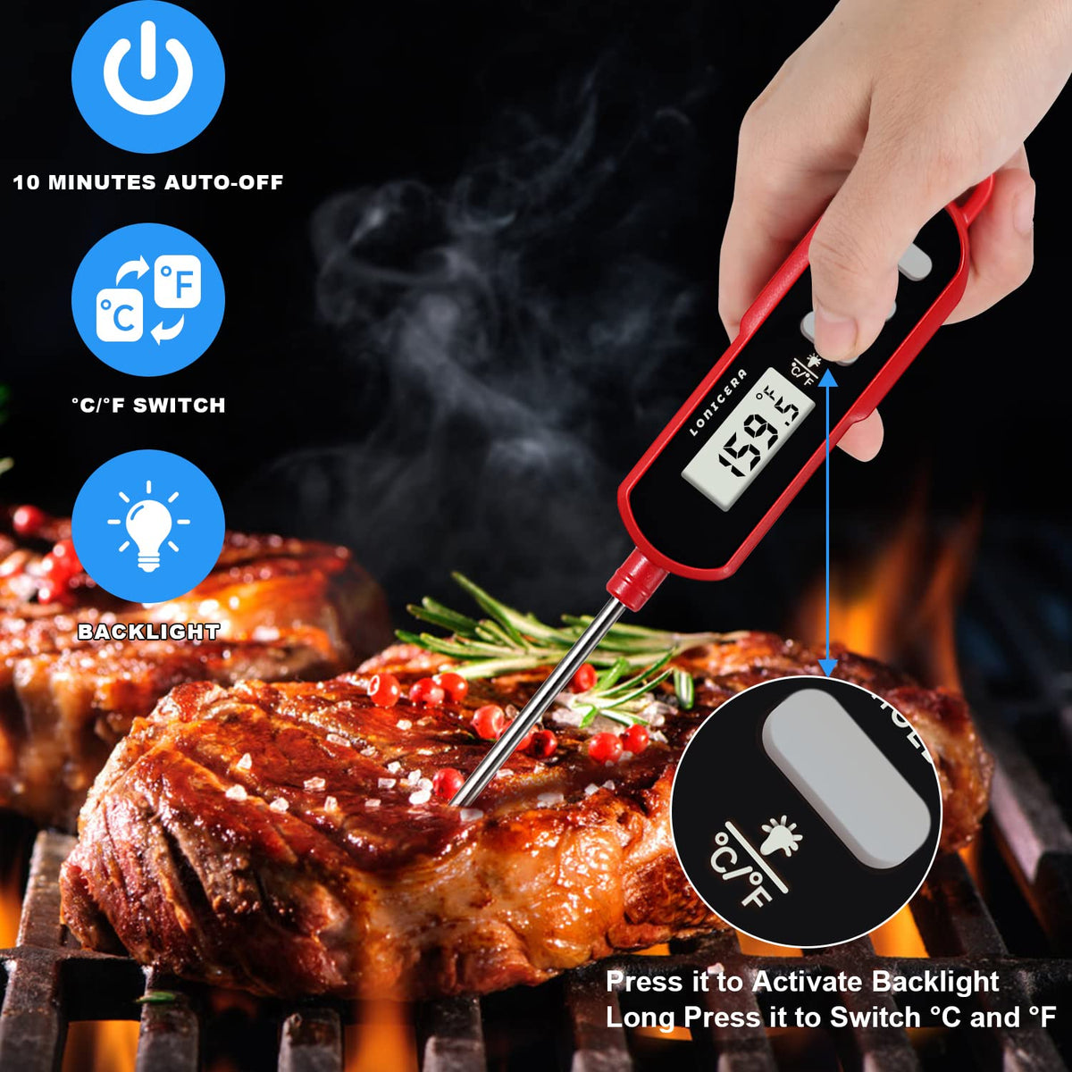 LONICERA Digital Cooking Thermometer for Bread, 5-Inch Probe, Red