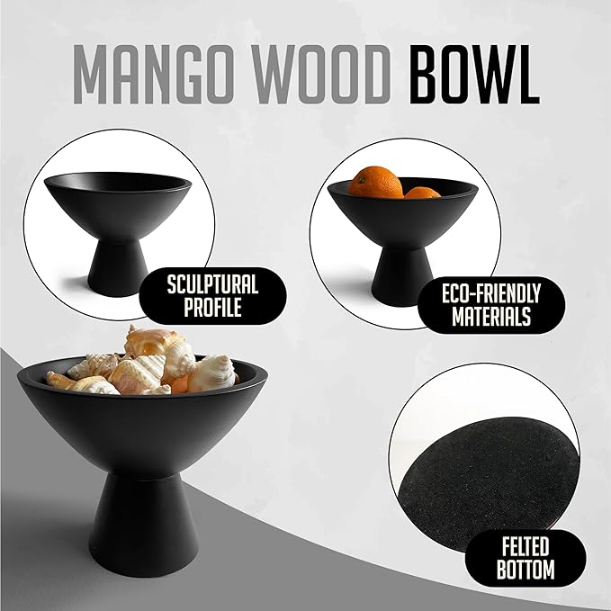 Black Pedestal Bowl - 8 Inch, Wide Black Footed Bowl as Fruit, Key, Decorative, Candy Holder or Centerpiece, Wooden Bowl Decorative for Kitchen, Dining Table & Modern Home Accessories