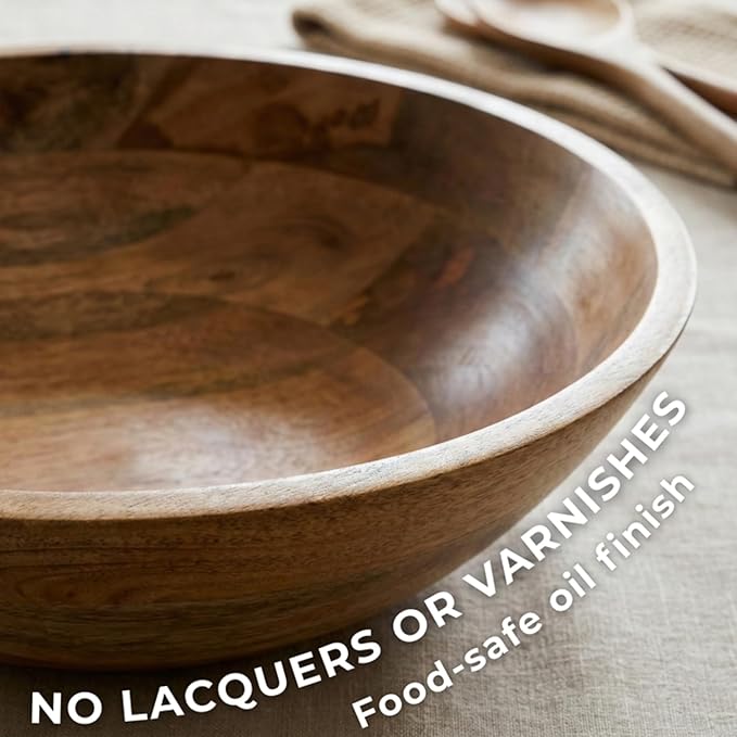 Extra Large Wooden Salad Bowl 15" with Serving Utensils | Oversized Mango Wood Salad Bowl for Big Family Meals | Large Wood Serving Bowl for Salad, Pasta, Popcorn | Handcrafted Wooden Salad Set