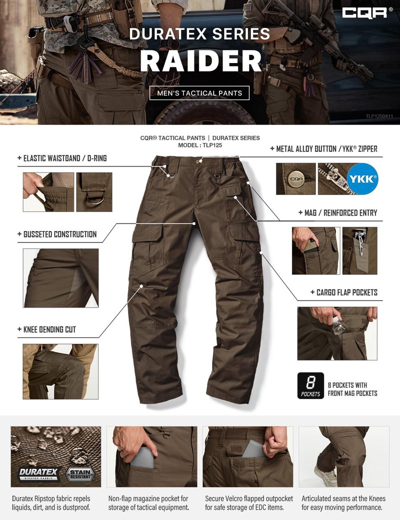 CQR Men's Tactical Pants, Water Resistant Ripstop Cargo Pants, Lightweight EDC Work Hiking Pants, Outdoor Apparel, Duratex Mag Pocket Tundra, 32W x 32L