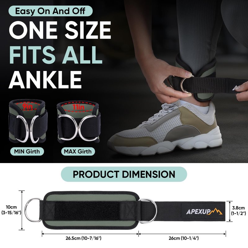 APEXUP Ankle Strap for Cable Machine, Ankle Resistance Bands, Cable Kick Back Straps for Gym, Glute Workouts, Leg Extensions, Adjustable Straps with Neoprene Padding (Single, Gray)
