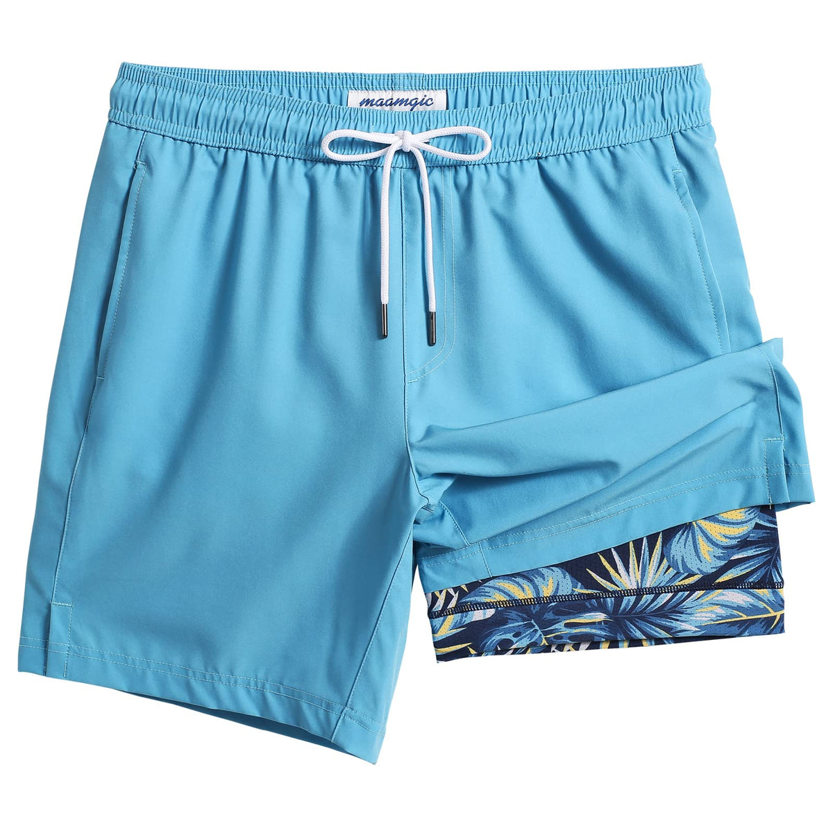 maamgic Mens Swim Trunks with Compression Liner 7 Inch Inseam Mens Bathing Suit Quick Dry Swimming Trunks Swimsuit Blue Leaf Large