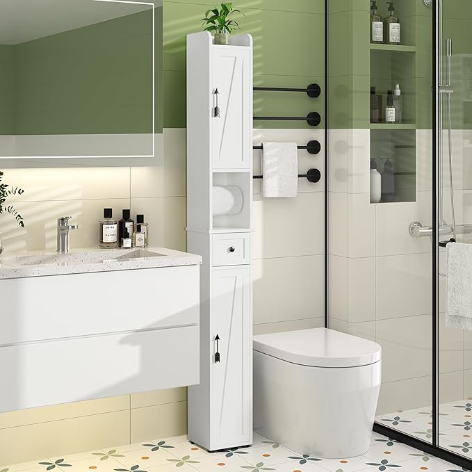 VECELO Tall Narrow Storage Cabinet with Adjustable Shelves, Slim Freestanding Bathroom Cabinet with Toilet Paper Holder, 2 Magnetic Doors & Drawer, for Small Spaces, 7.9" D x 7.9" W x 67" H, White