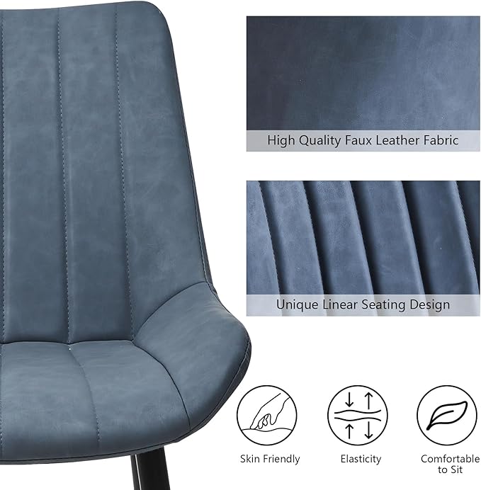 Dining Chairs Set of 6, Faux Leather Modern Linear Design Dining Chair with Metal Legs, 16.9" Seat Width Chair for Kitchen, Lounge, Reception Room, Restaurant, Commercial (Haze Blue)
