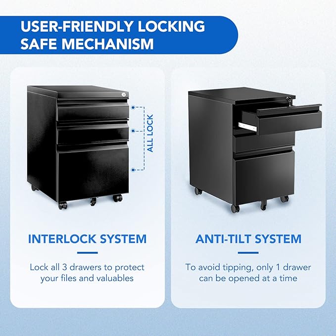 FLEXISPOT 3-Drawer Metal Mobile Filing Cabinet for Home Office - Under Desk Storage with Lock Keys - Legal/Letter/A4 File Organizer - Fully Assembled Except Wheels - Black