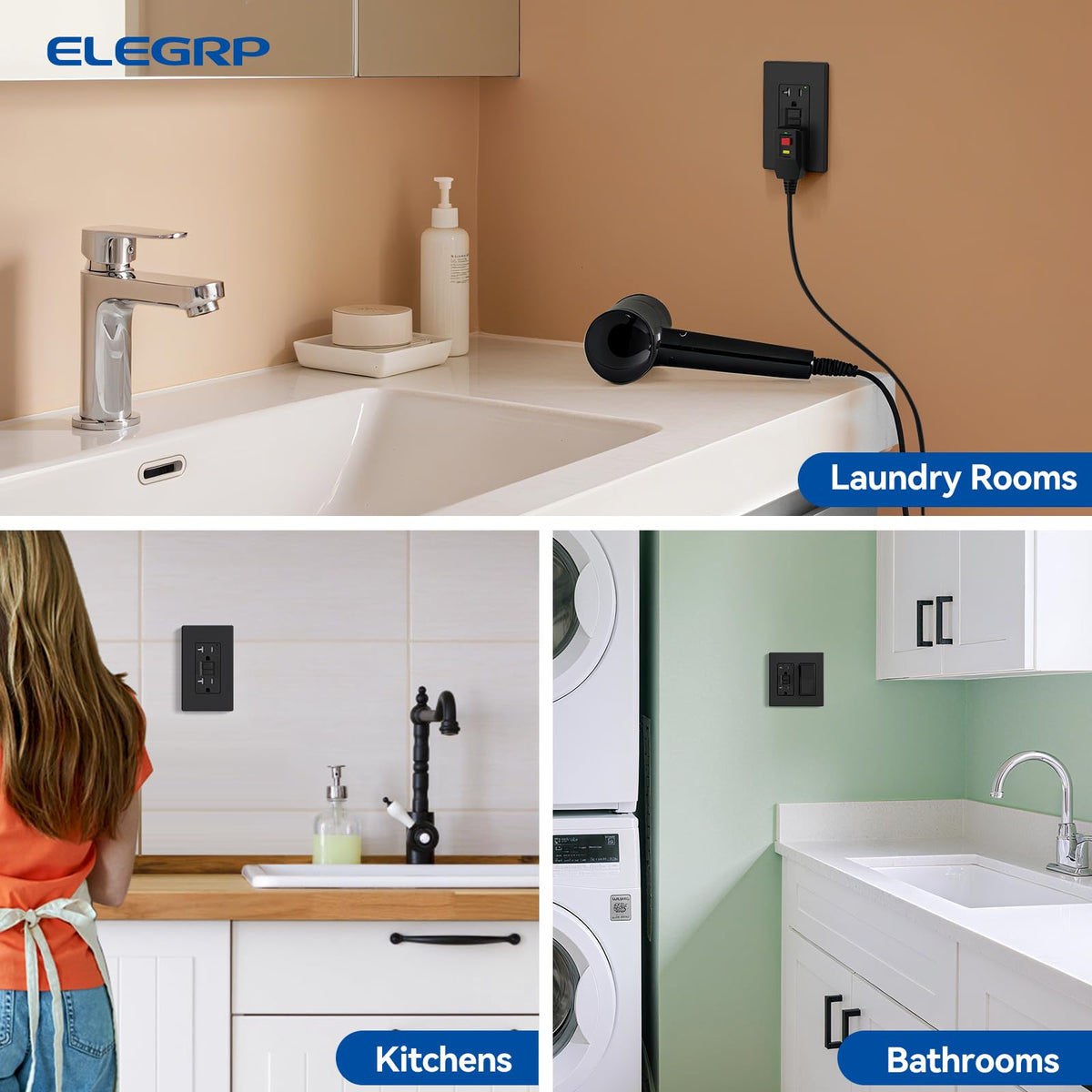 ELEGRP GFCI Outlet 20 Amp, Self-Test GFI Electrical Outlet with Thinner Design, TR Tamper Resistant GFCI Receptacle, Ground Fault Circuit Interrupters with Wall Plate, UL Listed, Matte Black, 2 Pack