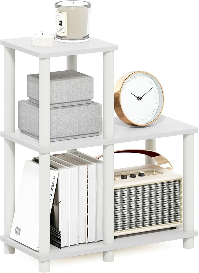 Furinno Turn-N-Tube Storage Shelves, 2-Tier Ladder Shape Book Shelf with Open Frame Design, 5-Cube Corner Shelf, Toolless Open Shelves, Living Room, Garage, Home Office, White