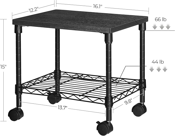 SONGMICS 3 Tier Wide Printer Stand with Wheels, Rolling Printer Table Cart with Metal Storage Shelf, for Home and Office, 16.1 x 12.2 x 15 Inches, Black ULGR301B01