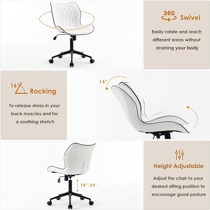 YOUNUOKE Armless Desk Chair Comfy Office Chair with Wheels Home Ergonomic Task Chair Adjustable Computer Chairs Modern Faux Leather Swivel Chair Upholstered Makeup Vanity Chair with Back(White)