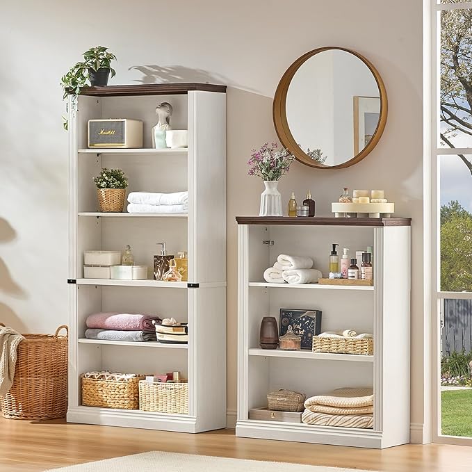 43" White Tall Bookshelf,3-Tier Thick Wooden Book Shelf with Adjustable Shelves,Free Standing Farmhouse Bookcase with Open Display Storage,Floor Vintage Bookshelves for Living Room,Office