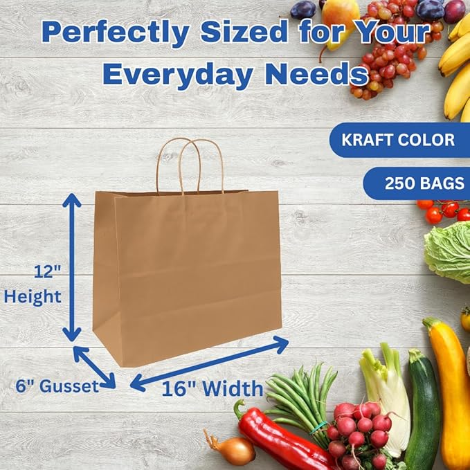 ASSUREPAK Kraft DIY Paper Bags, 16" x 6" x 12", 110 GSM, 250 Count