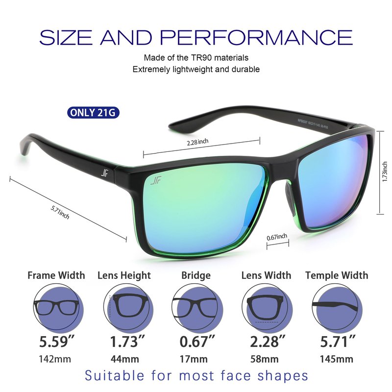 JFXQDR Men's XL Polarized Sunglasses, Big Square Sun Driving Fishing Glasses UV Blocking RFS8207 (Black Frame Green Lens), Oversized