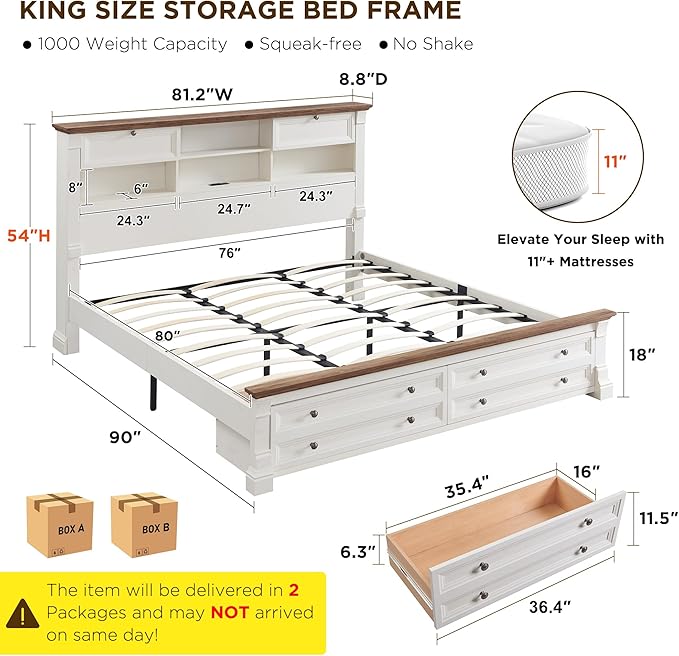 Farmhouse King Size Bed Frame with 54" Tall Storage Bookcase Headboard, Wood Platform Bed Frame with 2 Drawers & 18" Tall Roman Column Decoration Footboard, No Box Spring Needed(Antique White)