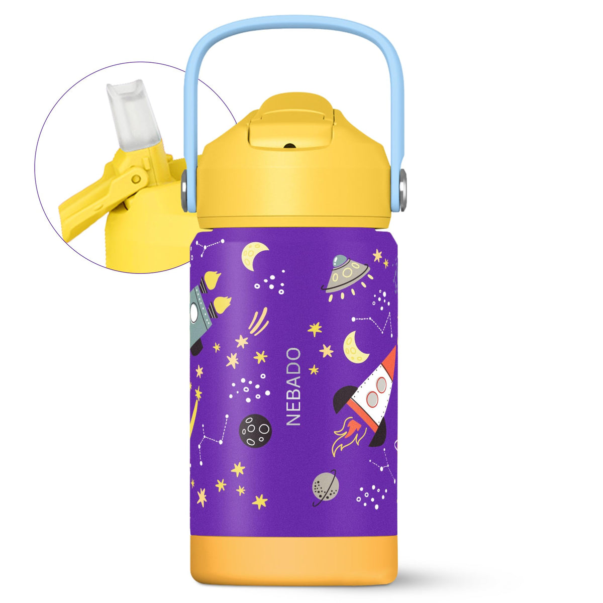 NEBADO Kids Stainless Steel Insulated Water Bottle with Straw 12oz - Leak Proof Toddler Thermos Cup for School, BPA Free with Handle & Non-Slip Silicone Base, Dishwasher Safe, Cosmic Purple