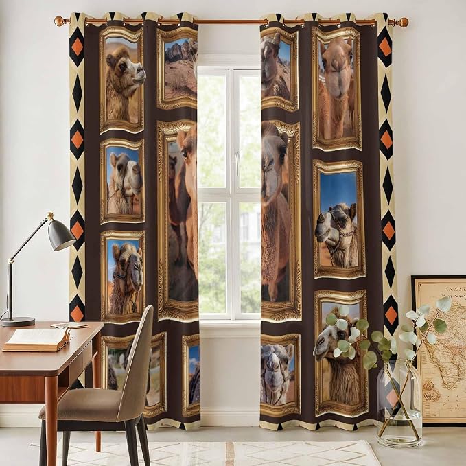 2 Panel Kitchen Cafe Curtains, Wildlife Camels Sunlight Filtering Nature Air